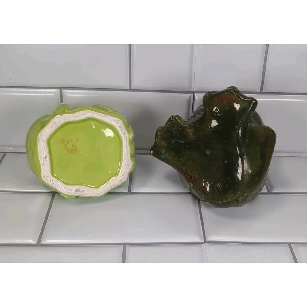 2 Vintage Frogs Ceramic Open Mouth Succulent Planters Pots Or Sponge Holders Set